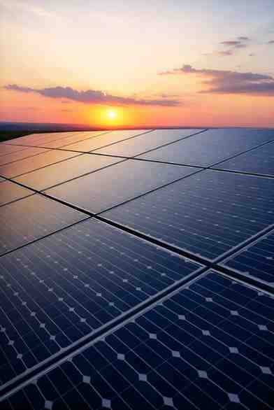 Panoramisch uitzicht over zonnepanelen bij zonsondergang als symbool voor duurzame energieopslag door Rebor